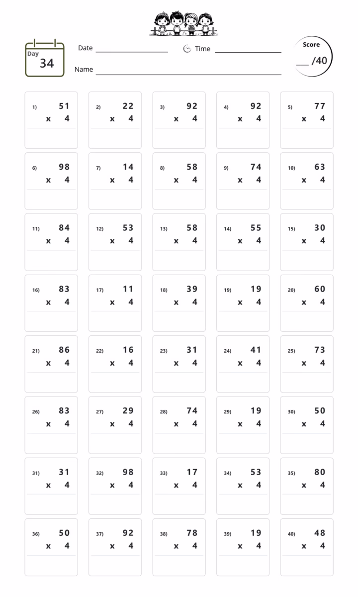 Timed Test — Day 21 with 40 single-digit multiplication problems