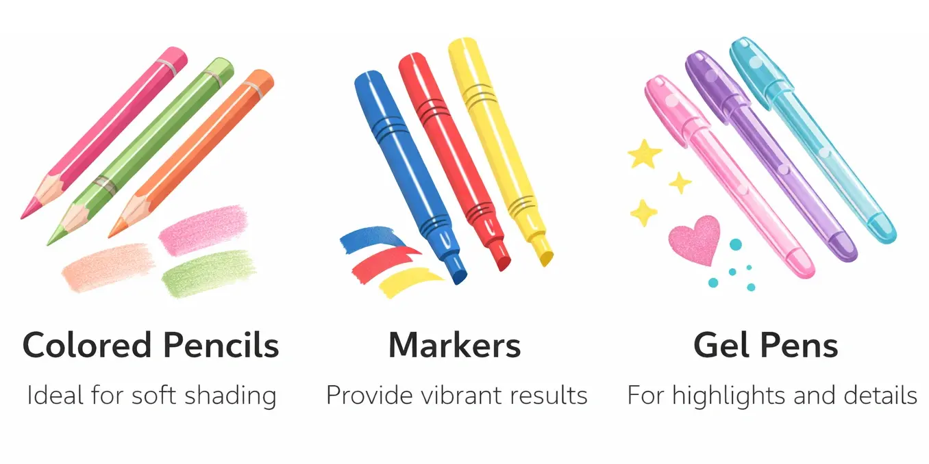 colored pencils markers and gel pens comparison coloring tools shading vibrant colors highlights adult coloring guide