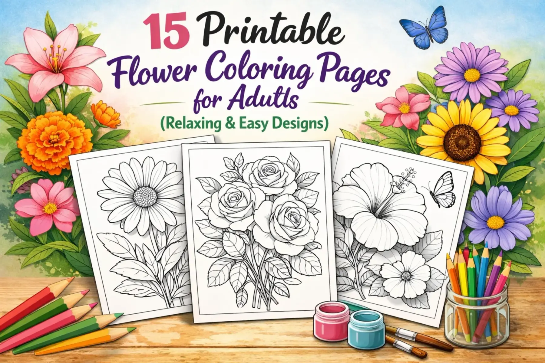 flower coloring pages printable for adults free pdf