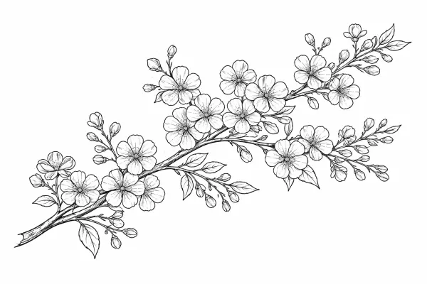 cherry blossom branch coloring page for adults delicate spring sakura floral design