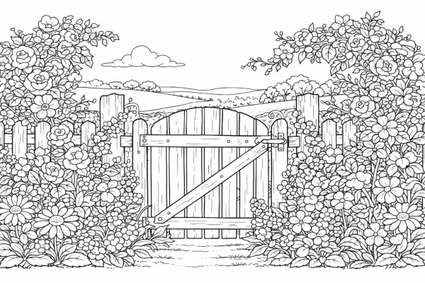 country garden gate flowers coloring page for adults romantic garden entrance