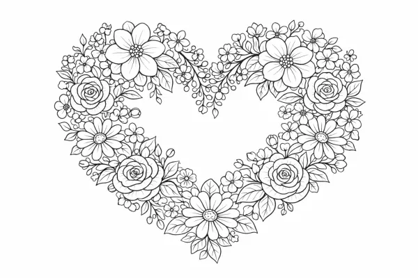 floral heart design coloring page for adults romantic flower heart pattern