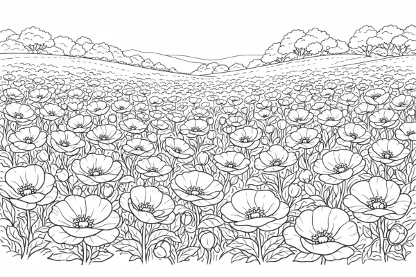 poppy flower field coloring page for adults blooming poppy garden landscape