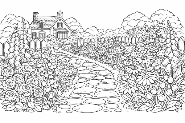 cottage garden flowers coloring page for adults cozy countryside floral scene
