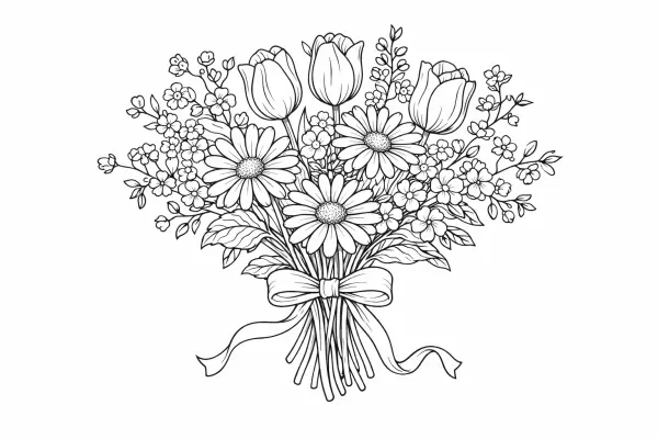 spring flower bouquet coloring page for adults tulips daisies botanical arrangement