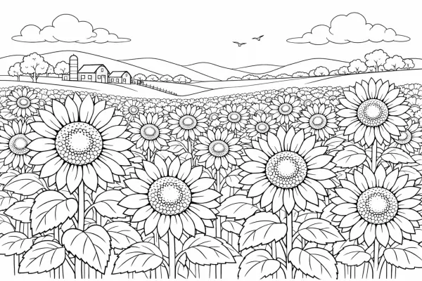 sunflower field coloring page for adults wide sunflower landscape botanical scene