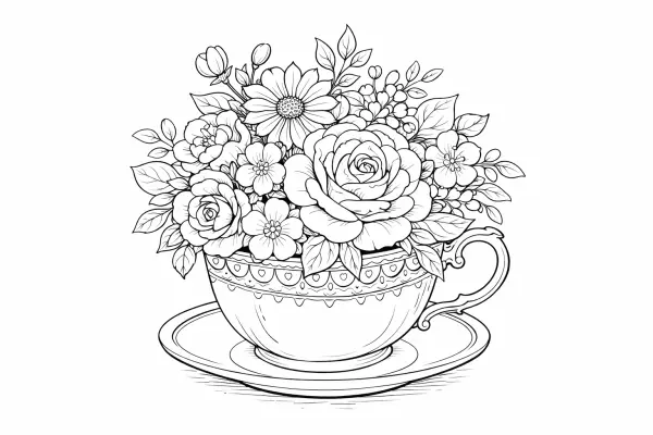 floral teacup arrangement coloring page for adults vintage teacup flower illustration