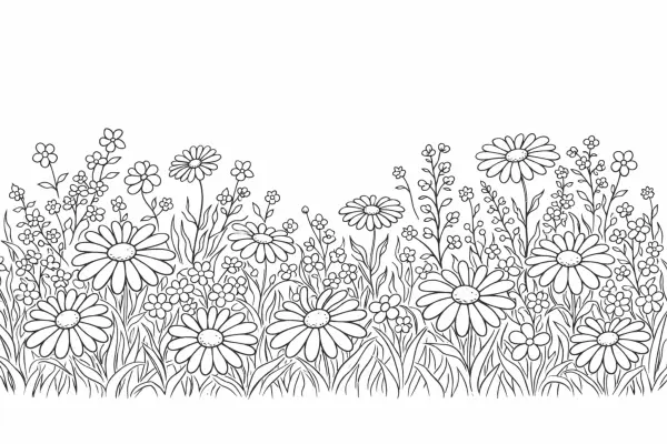 wildflower meadow coloring page for adults with daisies and garden flowers line art