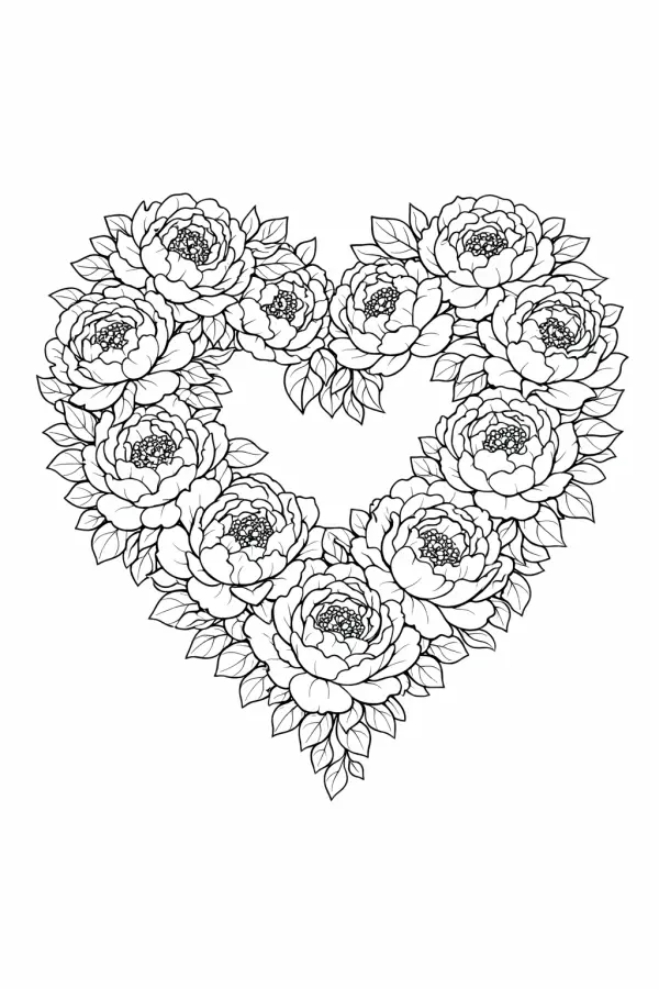 free peony heart coloring page printable floral wreath romantic line art for adults aesthetic coloring