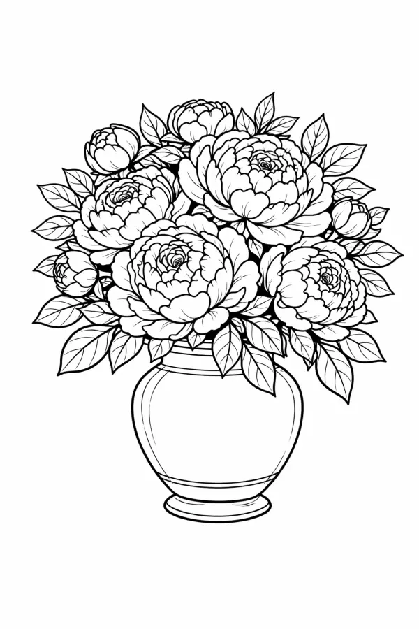 peony flower vase coloring page printable free for adults detailed floral bouquet in vase line art