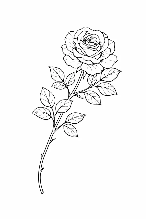 free rose branch coloring page printable single rose botanical line art for adults aesthetic coloring