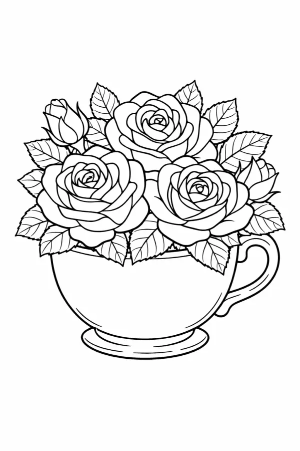 rose teacup coloring page printable free for adults floral bouquet cup design