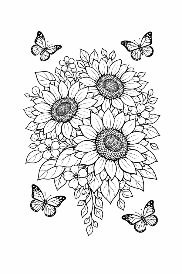 free sunflower bouquet coloring page printable with butterflies floral line art for adults aesthetic coloring