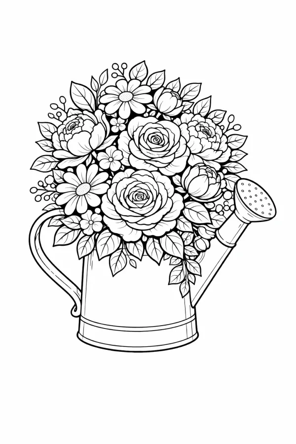watering can floral coloring page printable free for adults flowers growing from watering can line art