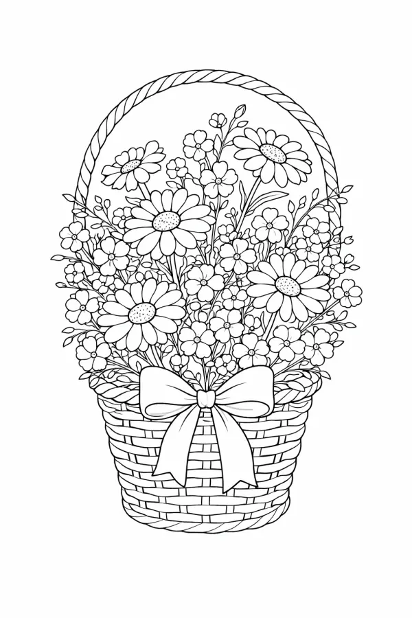 wildflower basket coloring page printable free for adults flowers in basket with bow floral line art