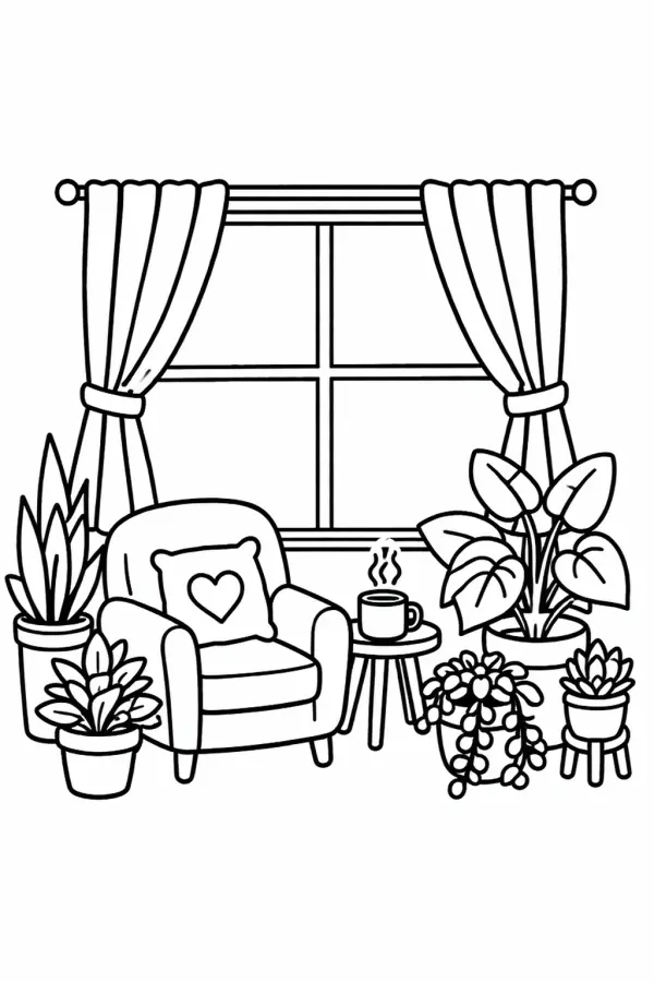 Cozy animals sleeping near a window coloring page – relaxing printable for adults