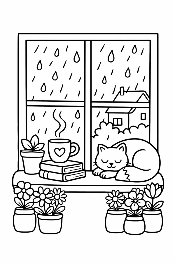 Rainy window cozy scene coloring page – free printable relaxing design for adults