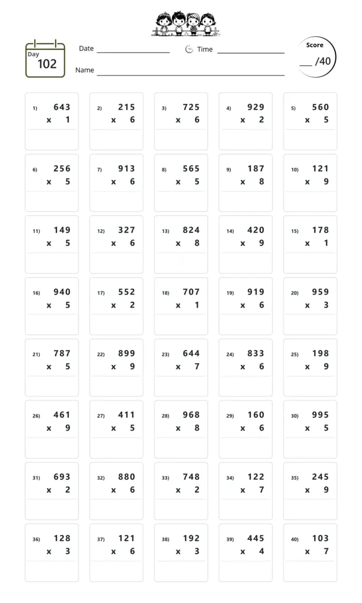 Mixed practice — Day 34 with two-digit × one-digit multiplication