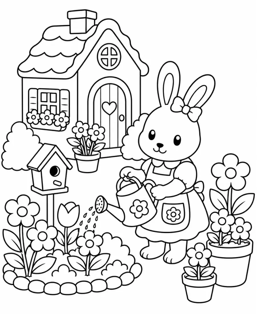 Bunny cottagecore coloring page for adults printable PDF