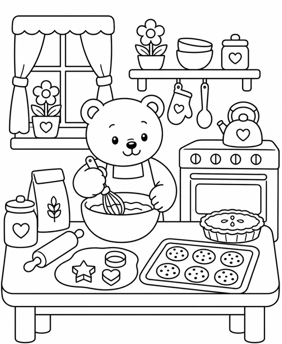 Cozy bear baking cookies coloring page for adults printable PDF