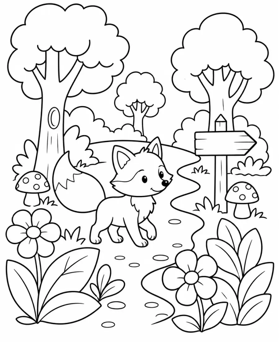 Cozy coffee shop fox coloring page for adults printable PDF