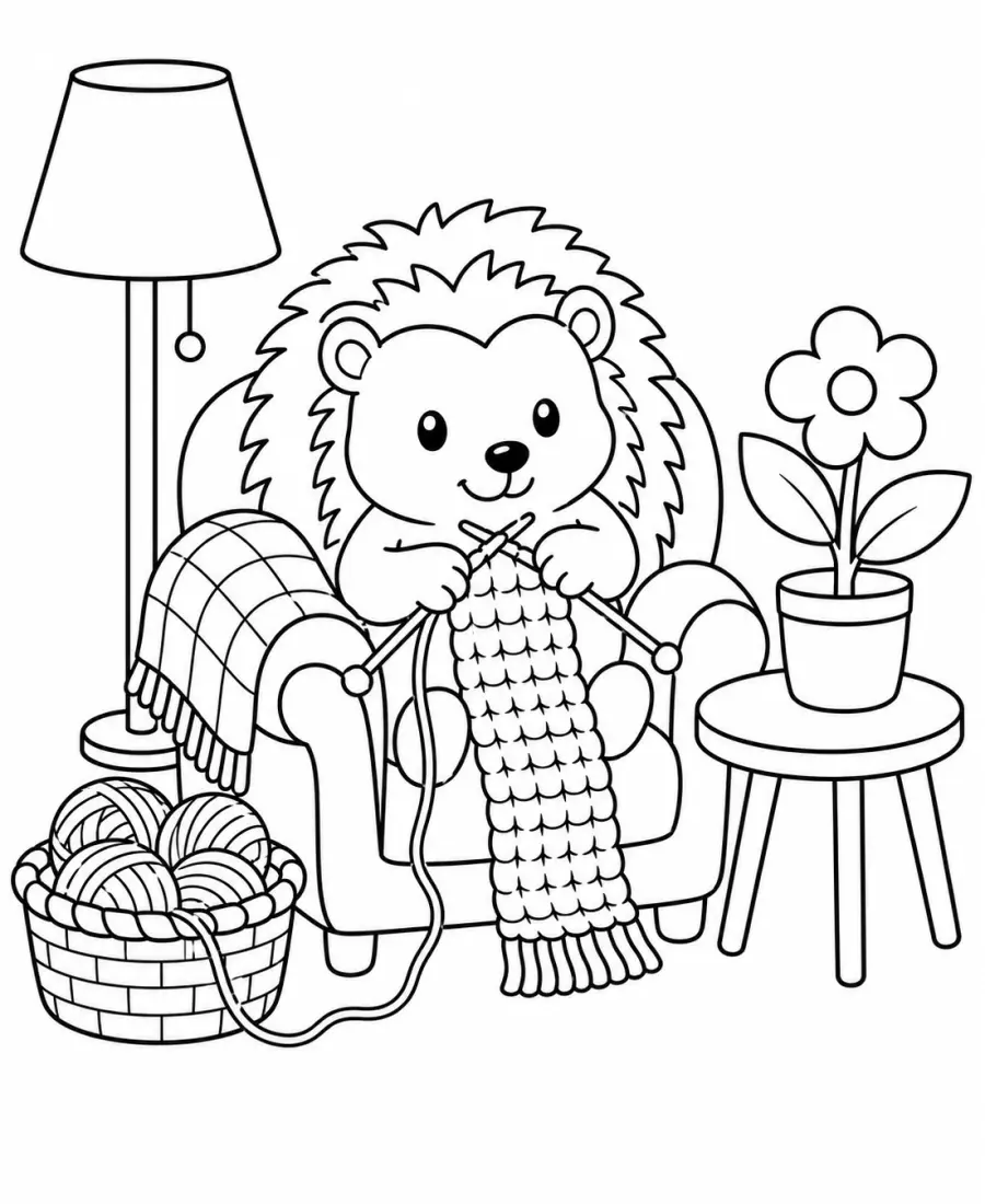Cozy knitting coloring page for adults printable PDF
