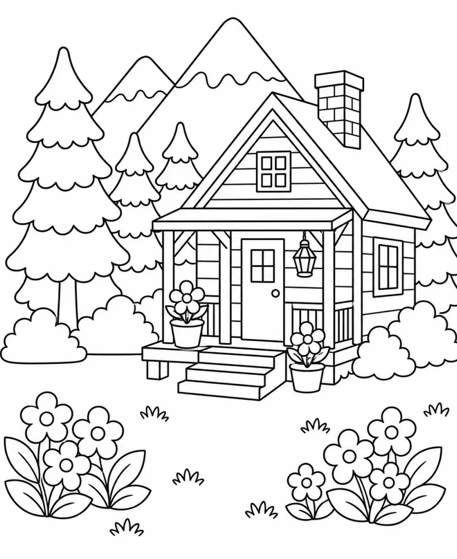 Cozy mountain cabin coloring page for adults printable PDF