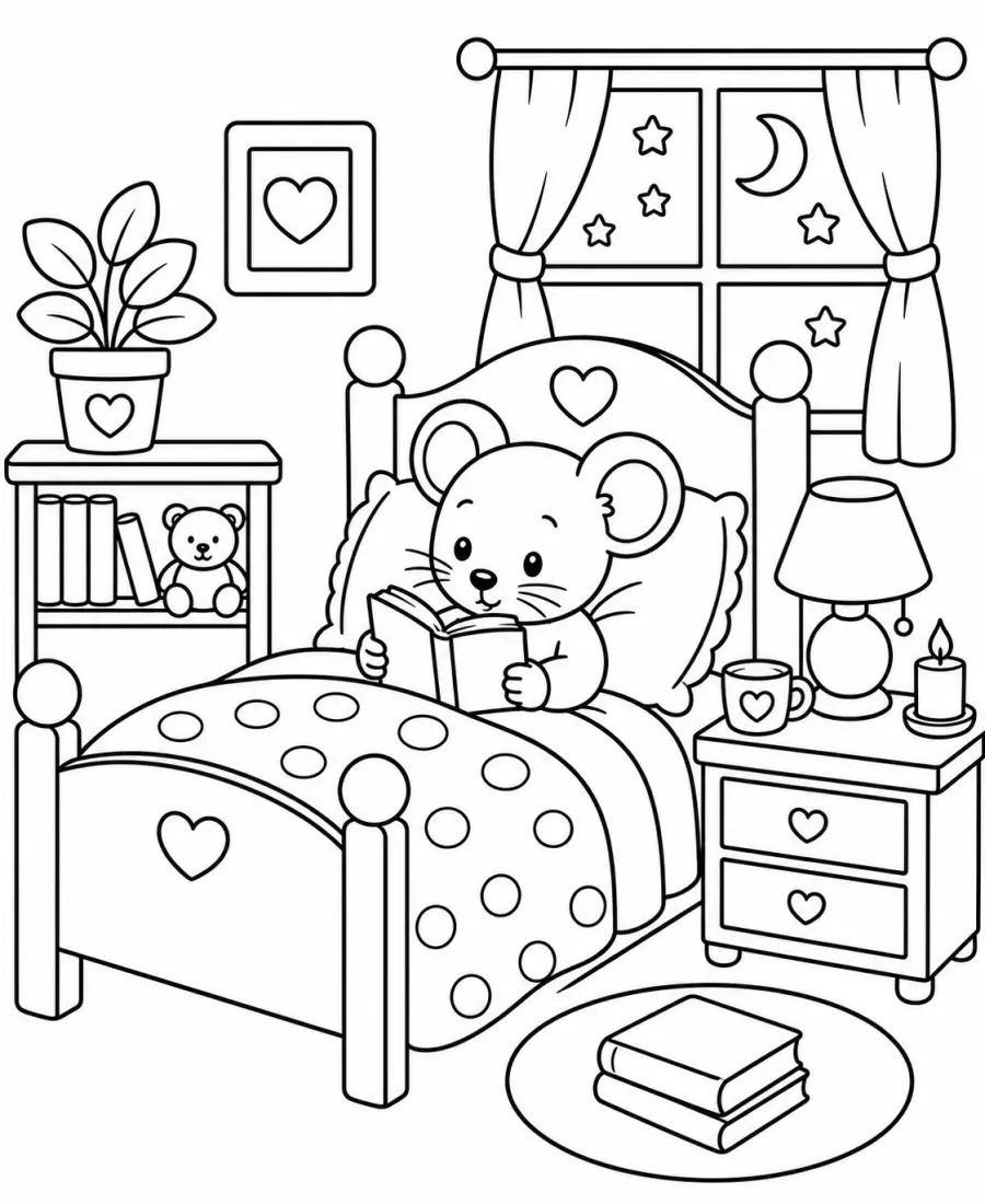 Cozy mouse reading before bed coloring page for adults printable PDF