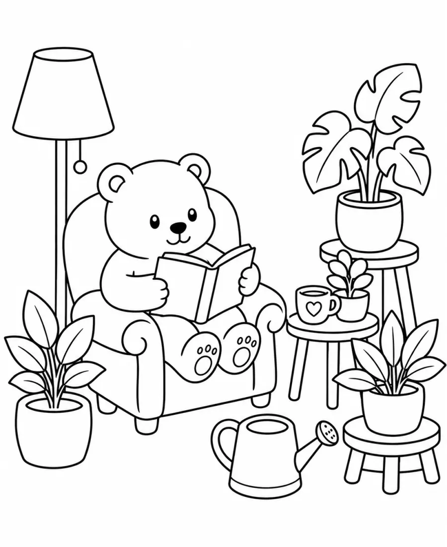 Cozy puppy reading chair coloring page for adults printable PDF