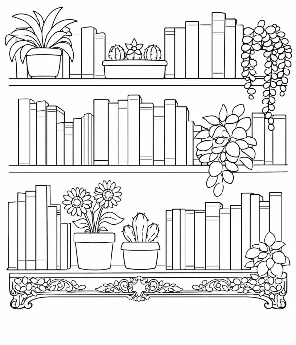 cozy coloring pages for adults bookshelf with plants coloring page printable cozy aesthetic room coloring pages for adults