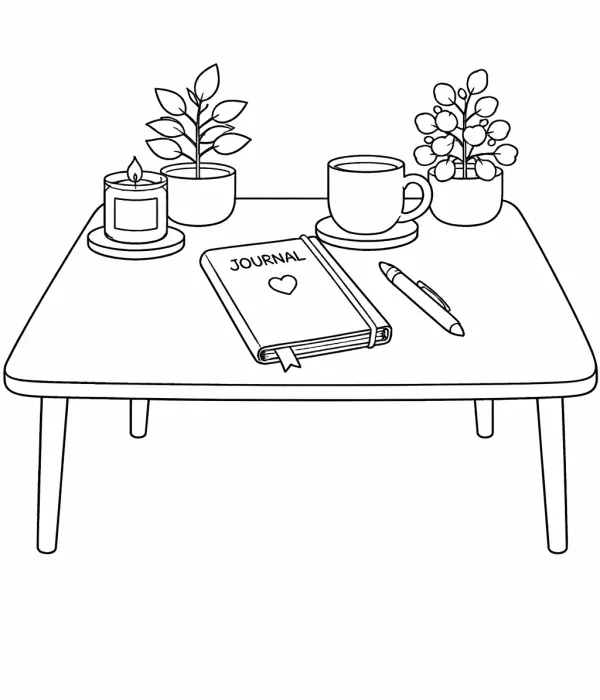 cozy coloring pages for adults desk with journal and candle coloring page printable cozy relaxing workspace coloring pages for adults