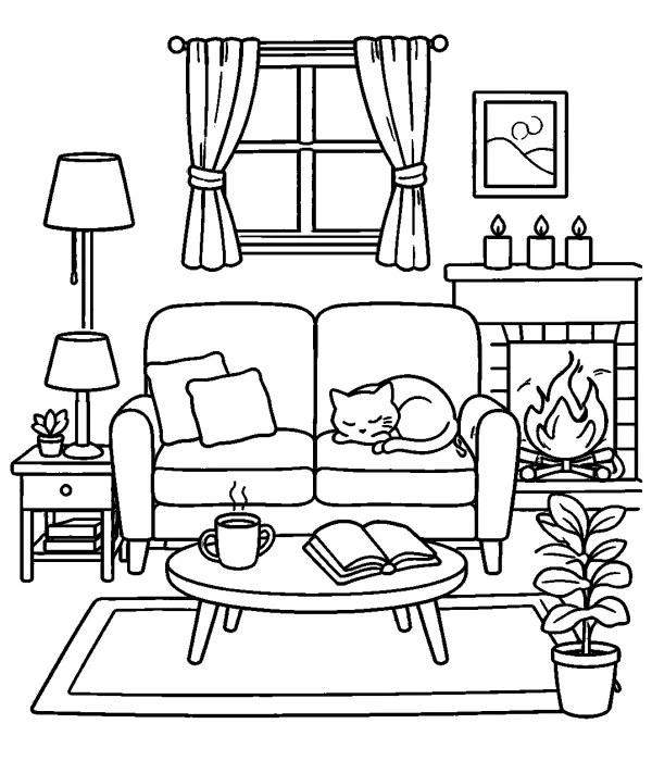 cozy coloring pages for adults cozy living room with soft lighting coloring page printable relaxing home coloring pages for adults