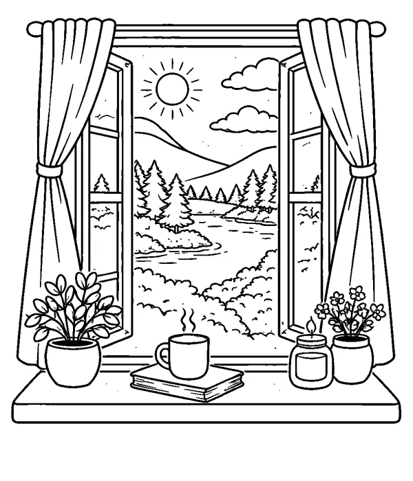 cozy coloring pages for adults nature view through window coloring page printable cozy landscape coloring pages for adults relaxing scene