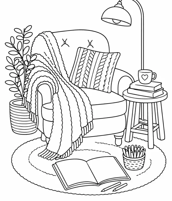 cozy coloring pages for adults cozy reading chair with blanket coloring page printable relaxing room coloring pages for adults