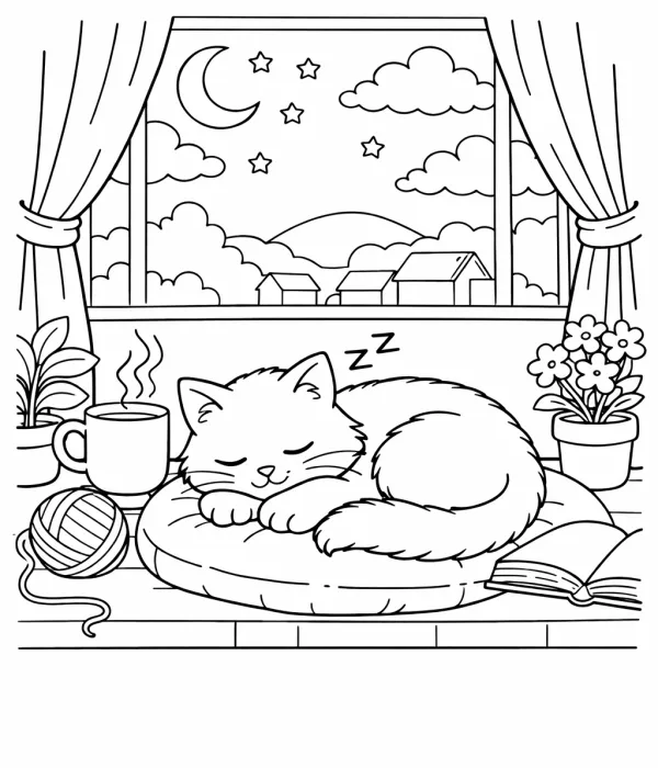 cozy coloring pages for adults sleepy cat coloring page printable for adults cozy relaxing window scene