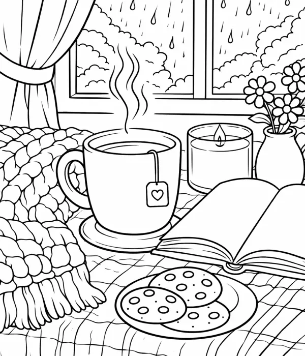 cozy coloring pages for adults tea and cookies coloring page printable cozy relaxing snack coloring pages for adults