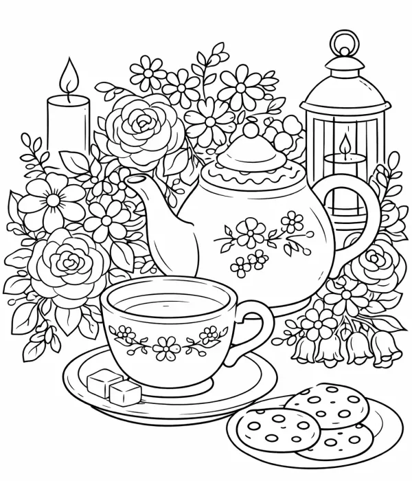 cozy coloring pages for adults floral tea set coloring page printable cozy aesthetic relaxing coloring pages for adults