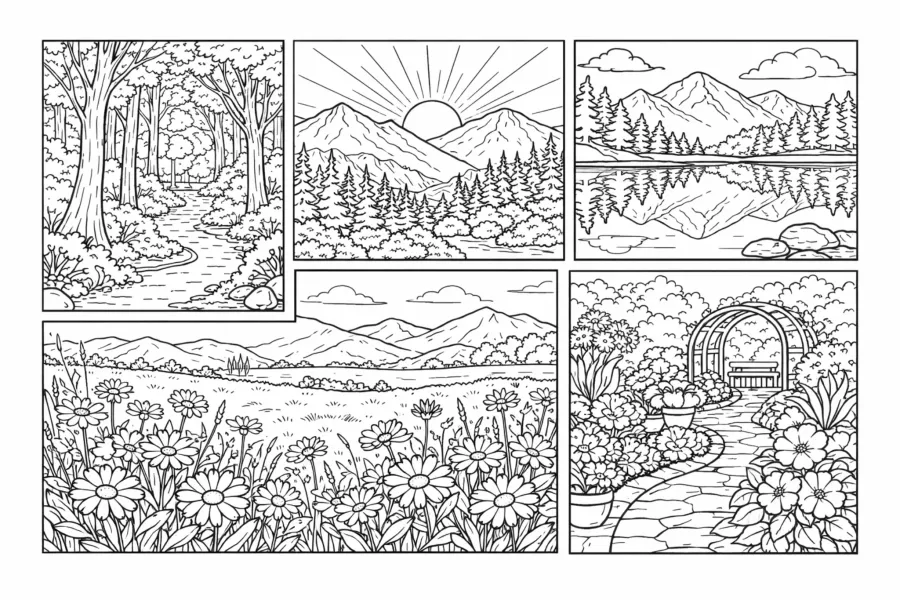 free printable nature landscape coloring page for adults
