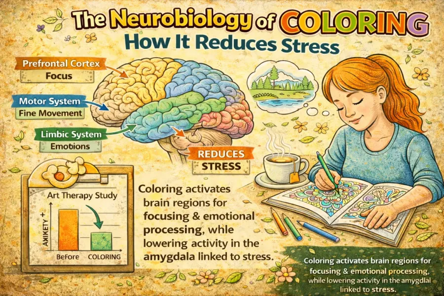 illustration showing how coloring reduces stress by activating brain regions like prefrontal cortex and lowering amygdala activity