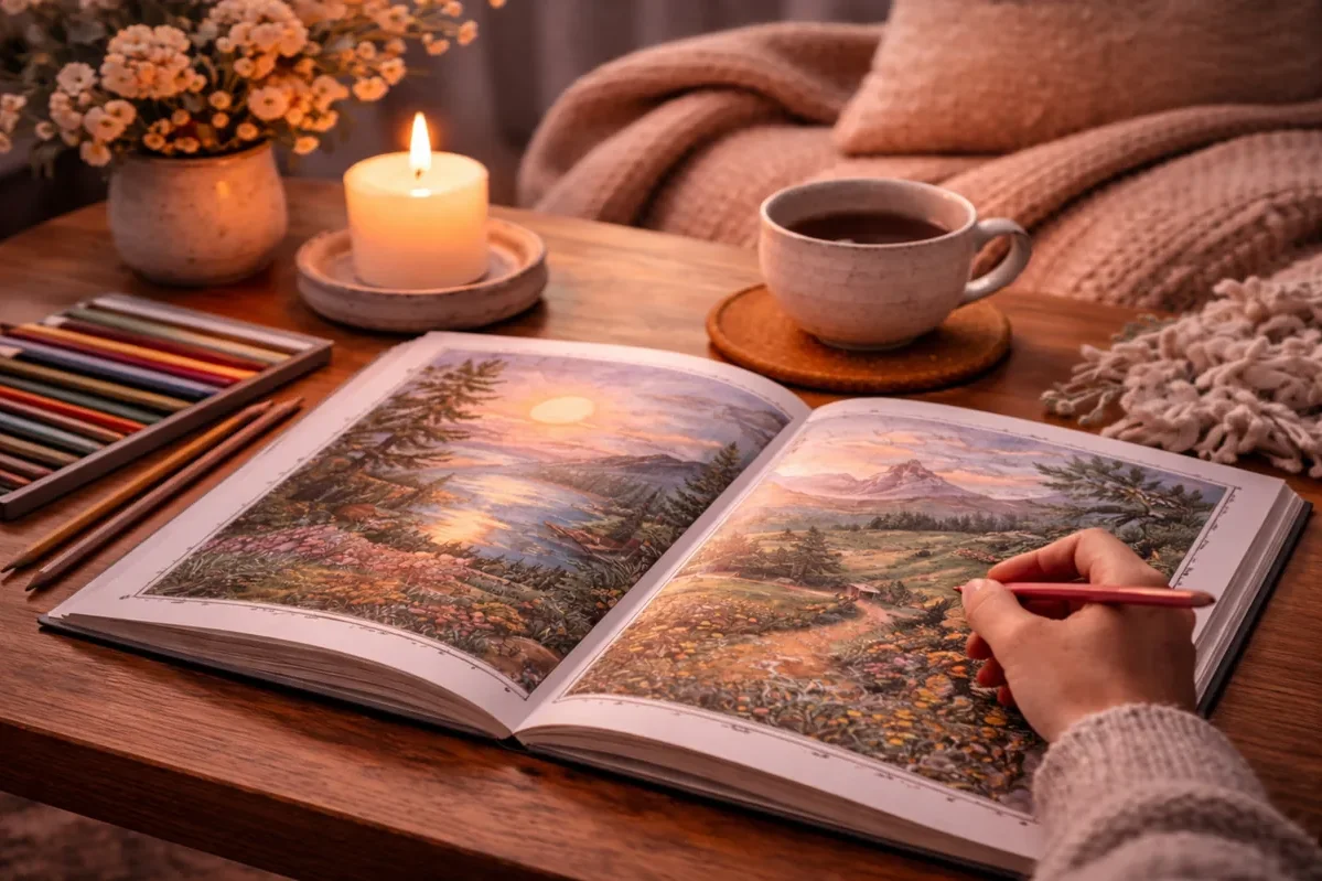 Adult woman practicing cozy coloring for stress relief and mental health