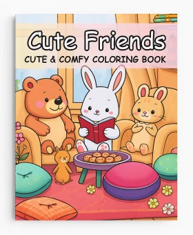 Cute Friends Coloring Book cover — cozy animals with hot cocoa and comfy vibes