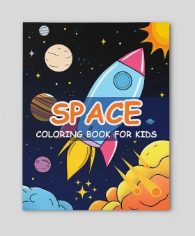 Space Coloring Book for Kids cover — cute rocket, planets and stars