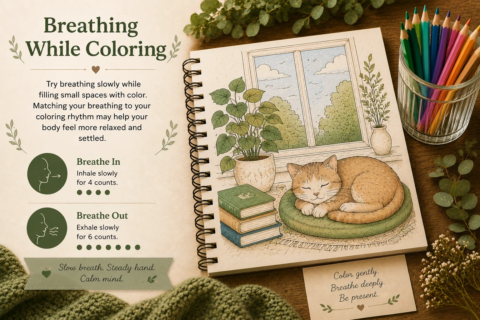 Mindful breathing while coloring for anxiety and stress relief
