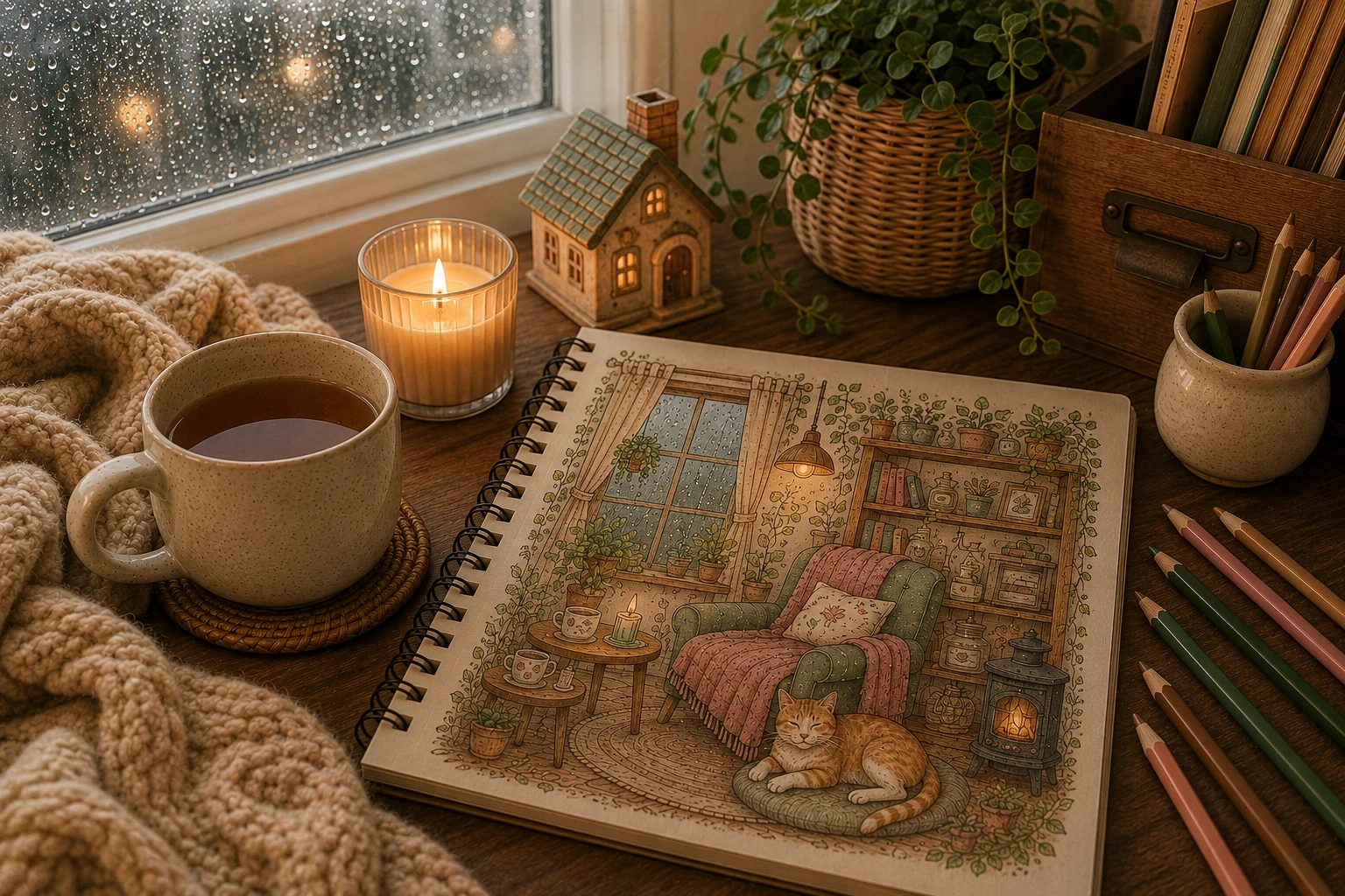 Cozy coloring page for stress relief with rainy window, warm tea, candlelight, and relaxing adult coloring supplies