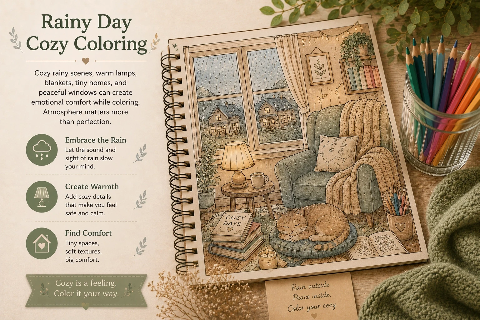 Cozy rainy day coloring atmosphere for stress relief coloring pages