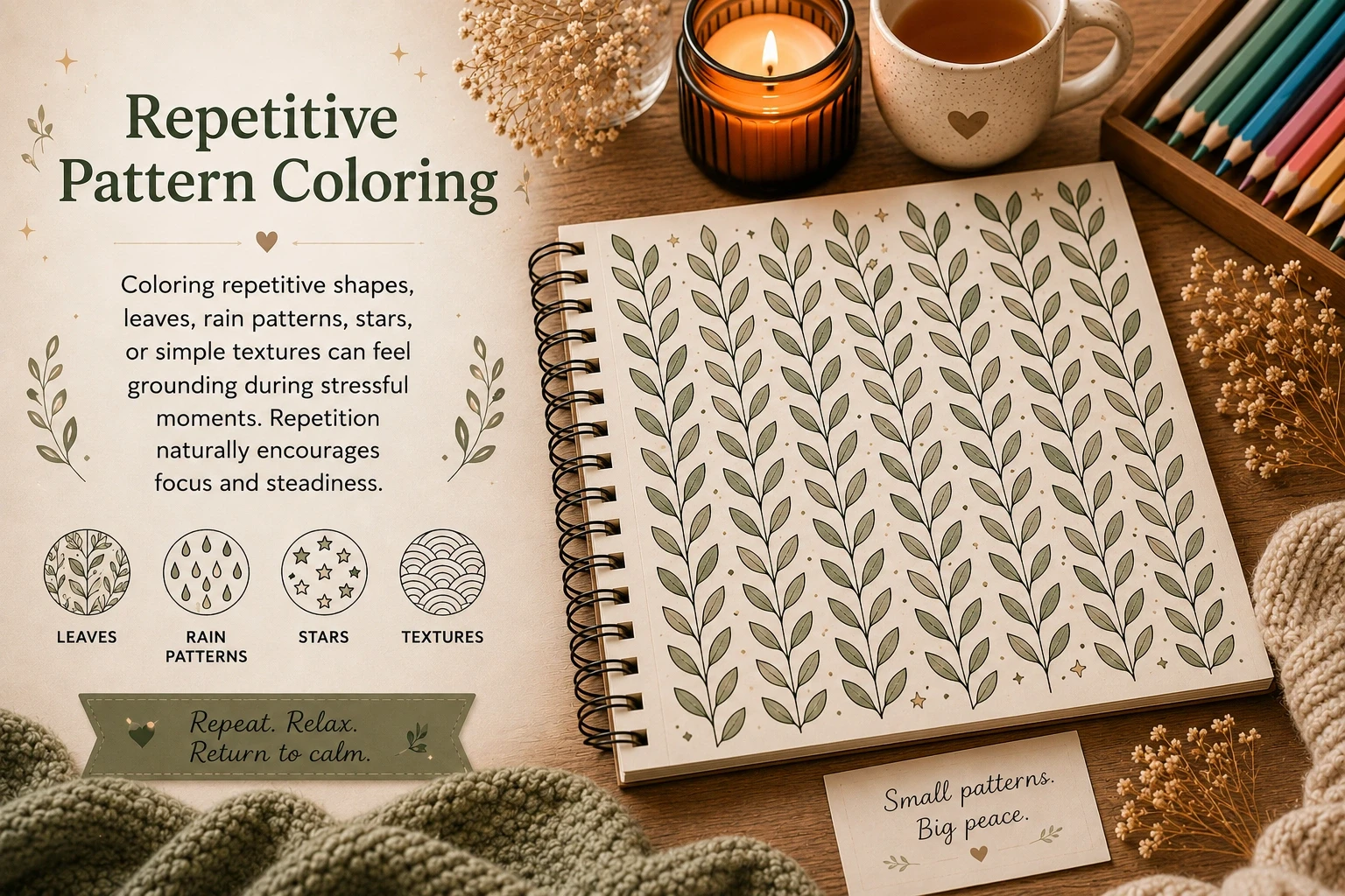 Repetitive pattern coloring technique for stress relief and mindfulness