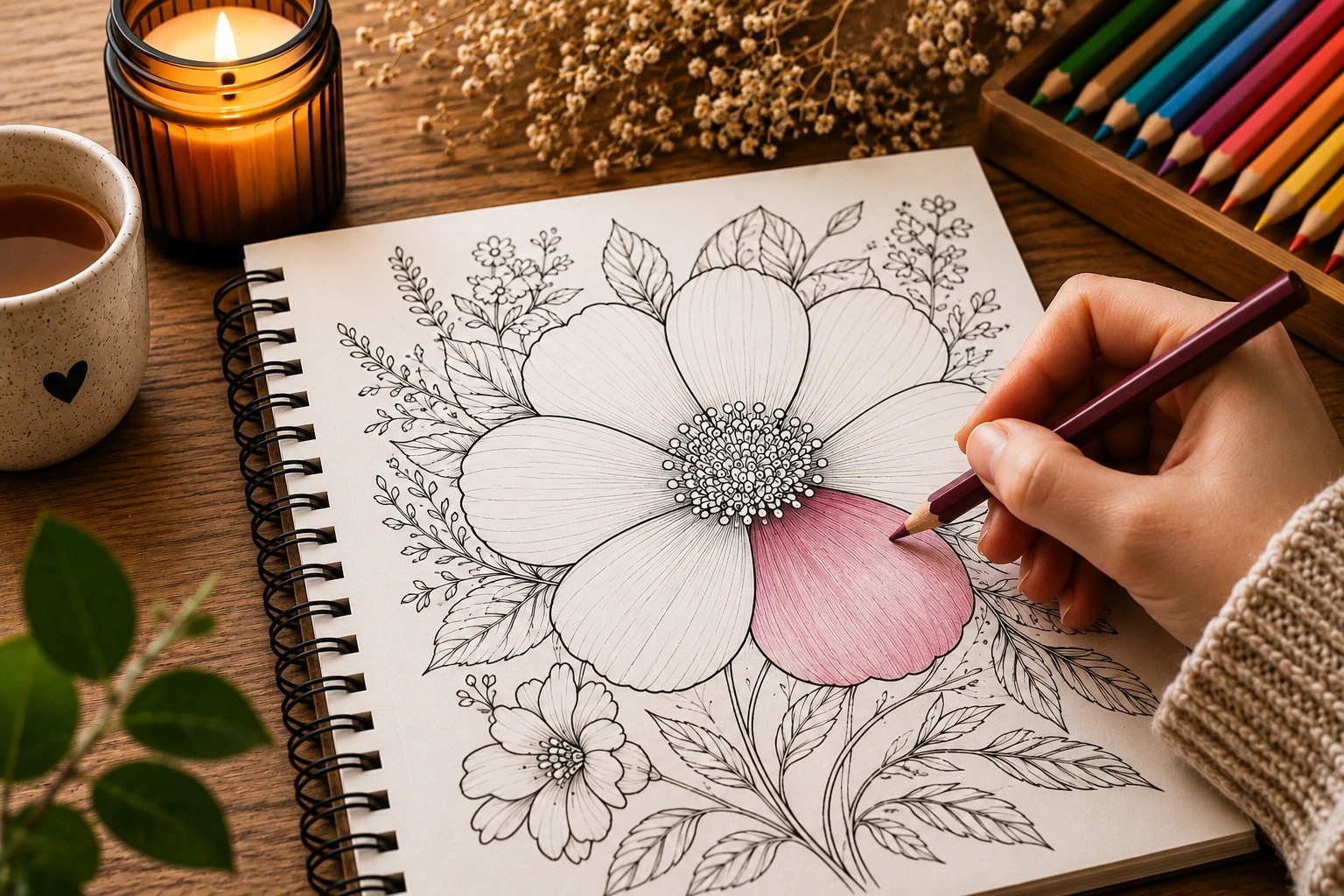 Slow mindful coloring technique for stress relief on a cozy adult coloring page