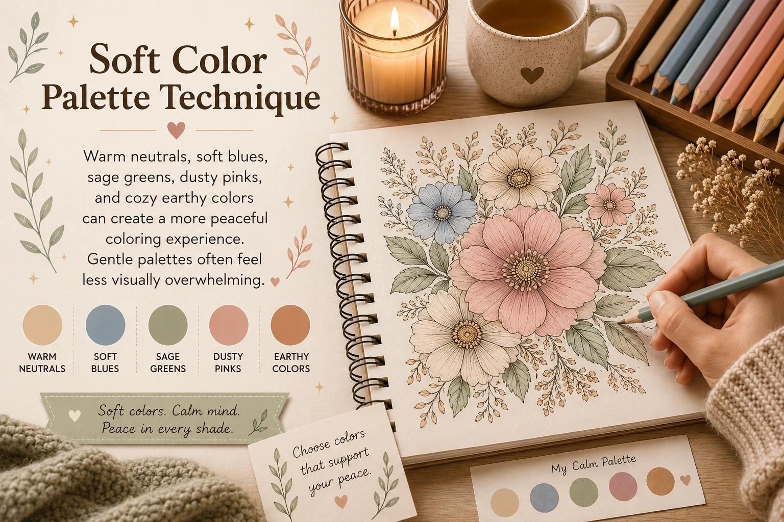 Soft relaxing color palette for anxiety relief coloring pages