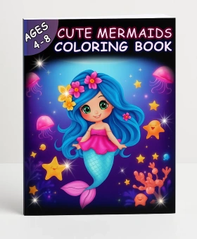 Cute Mermaids Coloring Book cover — kawaii mermaid with stars, shells and ocean sparkle