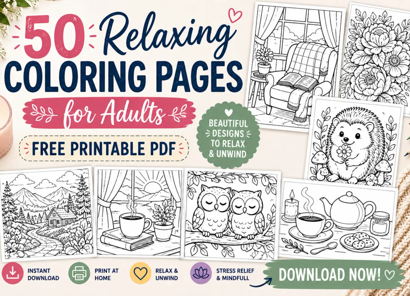 free printable relaxing coloring pages for adults cozy designs